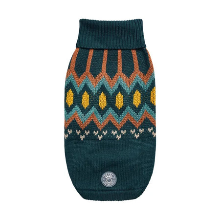 Knitted dog sweater with a colorful pattern on a white background