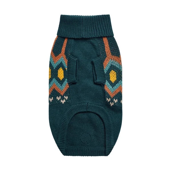 Teal dog sweater with colorful geometric pattern on a white background