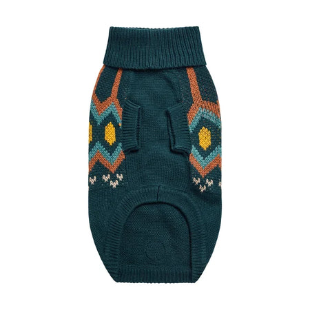 Teal dog sweater with colorful geometric pattern on a white background