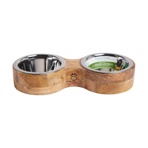 Wooden double pet bowl with stainless steel interior on a white background