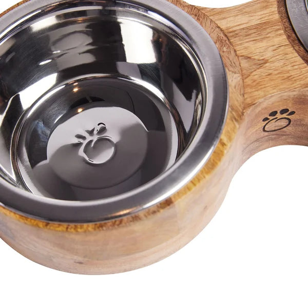 Pet bowl with wooden handle and stainless steel bowl on a white background