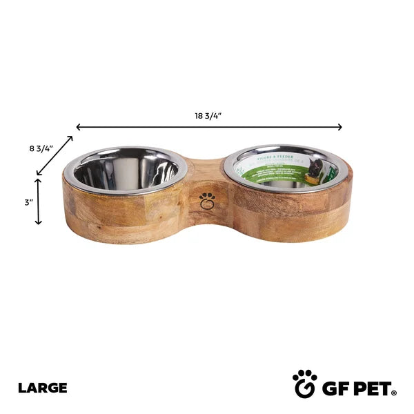 Wooden double pet bowl with measurements and GF Pet logo on a white background