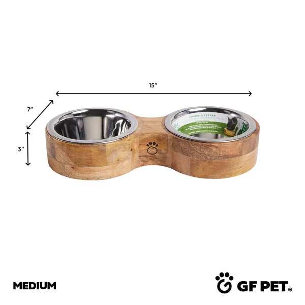Wooden pet bowl with measurements and GF Pet logo on a white background