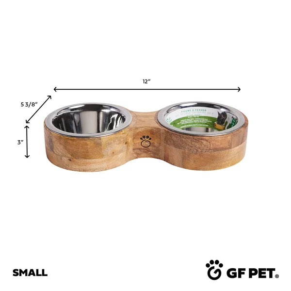 Wooden pet bowl with measurements and GF Pet logo on a white background