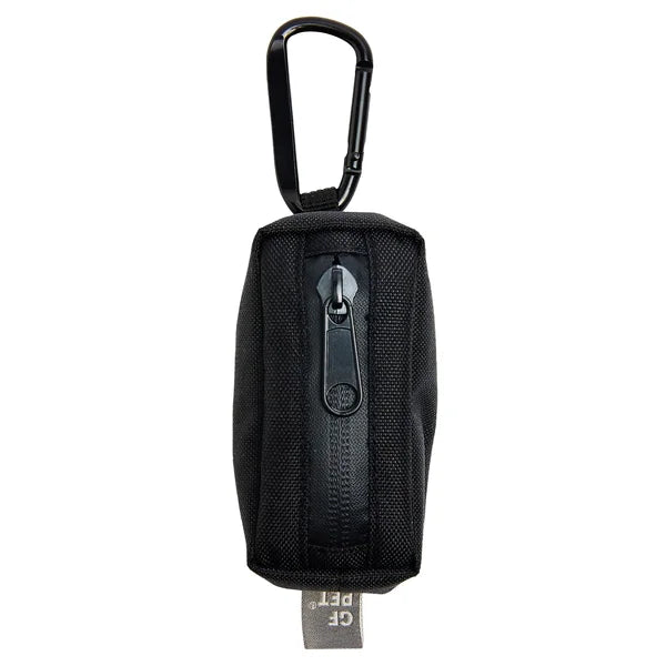 Black keychain pouch with carabiner and visible brand logo on a white background