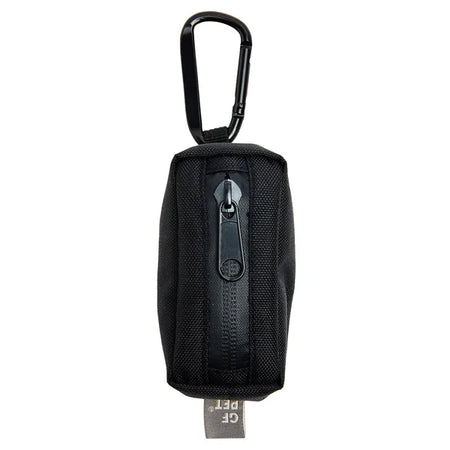 Black keychain pouch with carabiner and visible brand logo on a white background