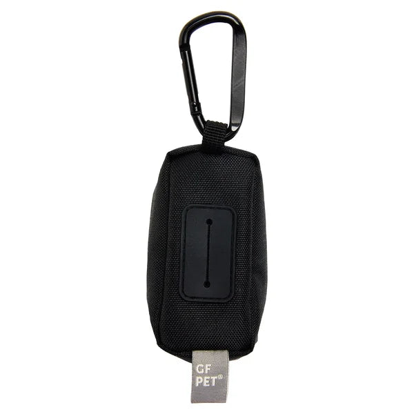 Black keychain pouch with carabiner and 'GF Pet' label on a white background