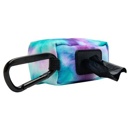 Tie-dye dog waste bag dispenser with black carabiner on a white background