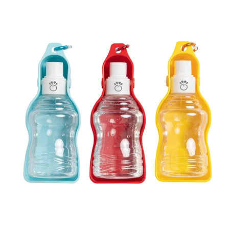 Three portable pet water bottles in blue, red, and yellow with carrying cases on a white background.