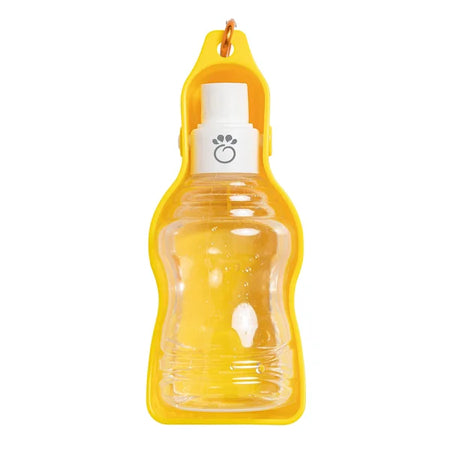 Yellow pet water bottle with a white nozzle on a white background