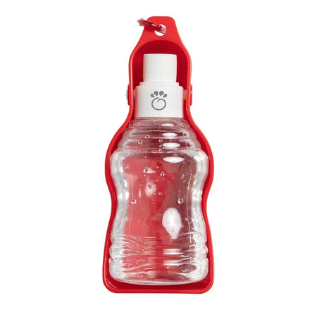Clear spray bottle with red holder on a white background