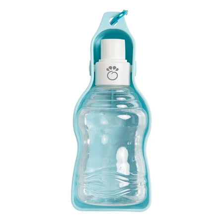 Pet water bottle with blue carrying case on a white background