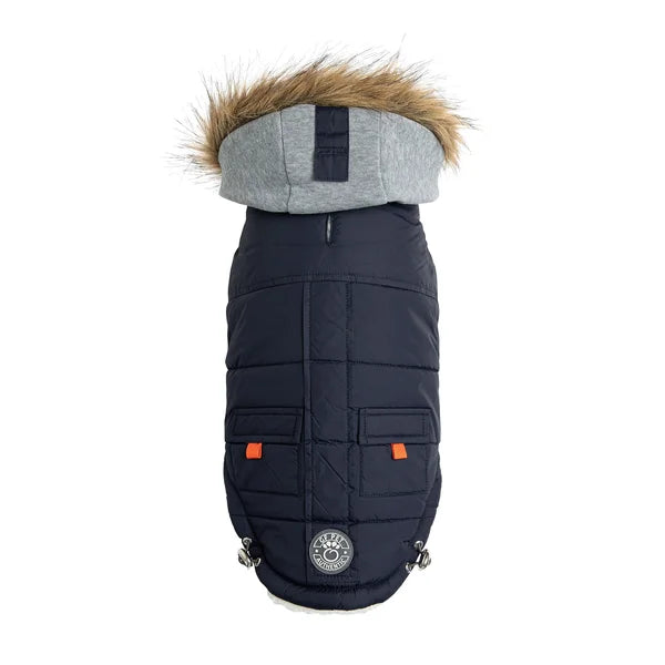 Navy blue dog coat with gray hood and brown fur trim on a white background