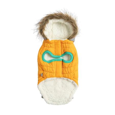 Orange dog coat with a fur-lined hood on a white background