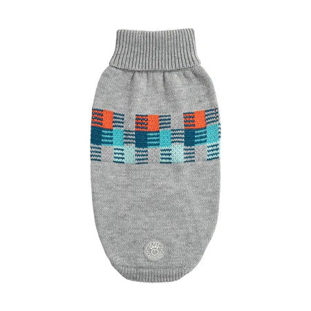 Gray dog sweater with colorful pattern on a white background