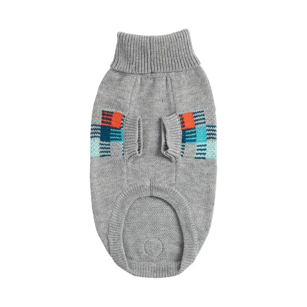 Gray knitted dog sweater with colorful pattern on a white background