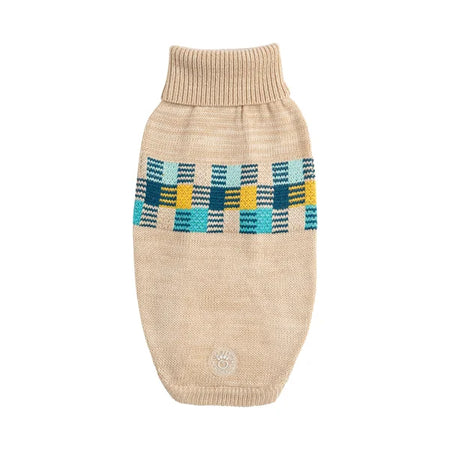 Beige dog sweater with a colorful pattern on a white background