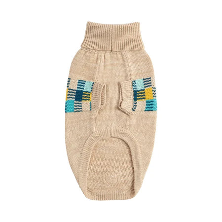 Beige knitted dog sweater with plaid pattern on a white background