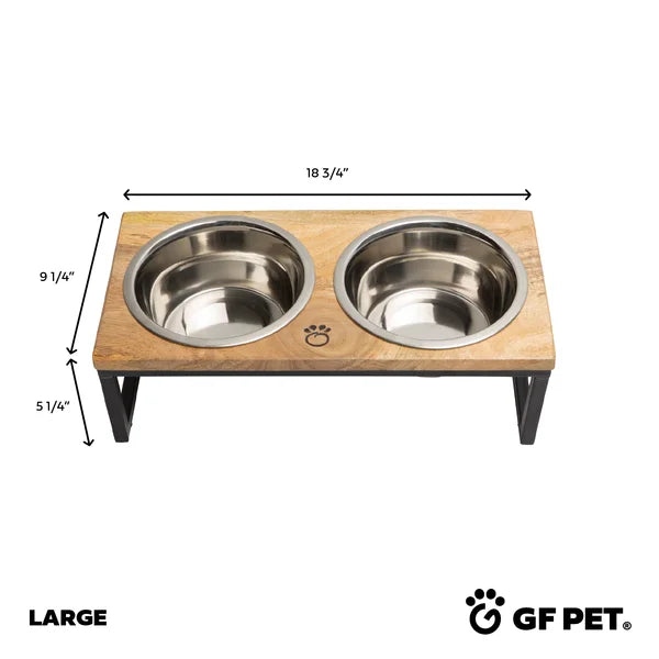 Wooden pet feeder with two stainless steel bowls and dimensions on a white background, featuring the GF Pet logo.