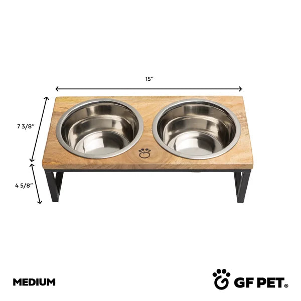 Wooden pet feeder with two stainless steel bowls and dimensions on a white background, featuring the GF Pet logo.