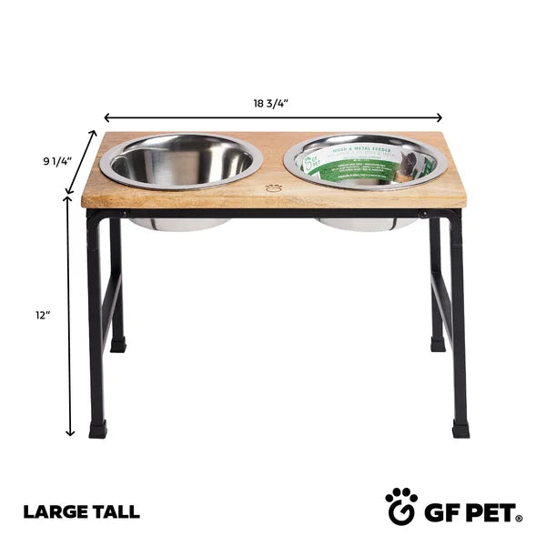 Pet feeding station with two bowls on a white background, featuring dimensions and GF Pet logo.