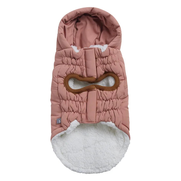 Pink baby bunting with a hood and white fur trim on a white background