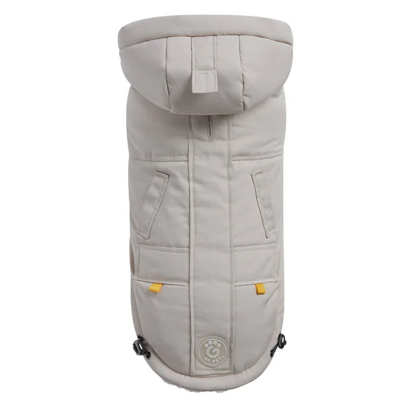 Gray dog coat with yellow accents on a white background