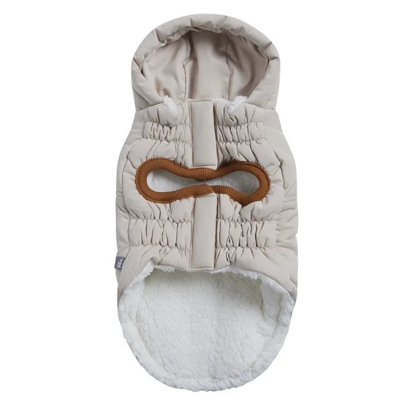 White pet coat with brown handle on a white background