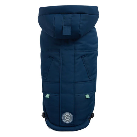 Blue dog coat with a hood on a white background