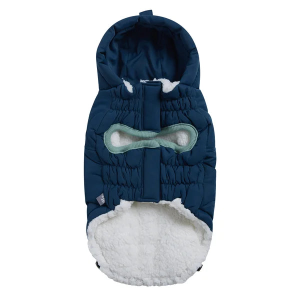 Blue pet coat with white fur lining on a white background