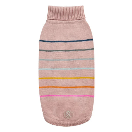 Pink dog sweater with colorful stripes on a white background