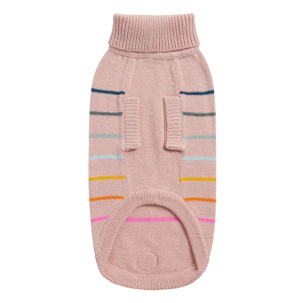 Pink dog sweater with colorful stripes on a white background