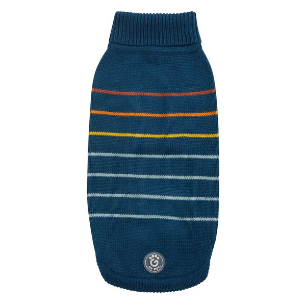 Blue knitted dog sweater with colorful stripes on a white background