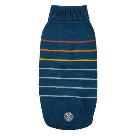Blue knitted dog sweater with colorful stripes on a white background