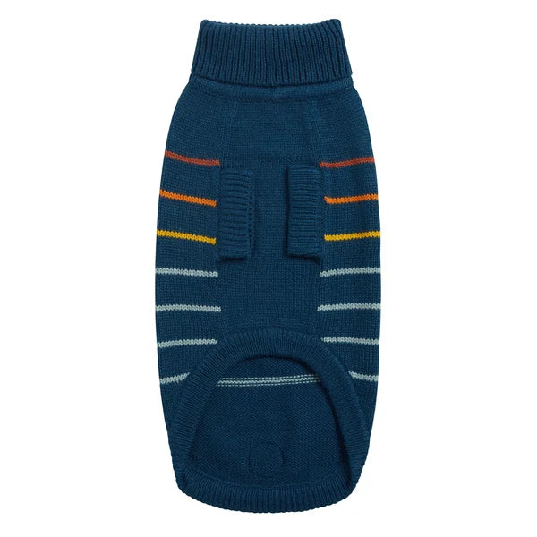 Blue knitted dog sweater with colorful stripes on a white background