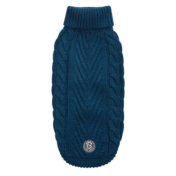 Blue knitted dog sweater on a white background