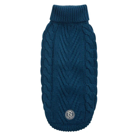 Blue knitted dog sweater on a white background