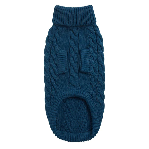 Blue knitted dog sweater on a white background