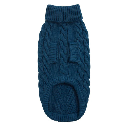 Blue knitted dog sweater on a white background