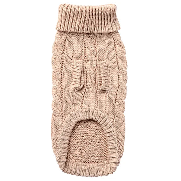 Knitted dog sweater with cable knit pattern on a white background