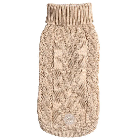 Beige knitted dog sweater on a white background