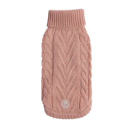 Pink knitted dog sweater on a white background