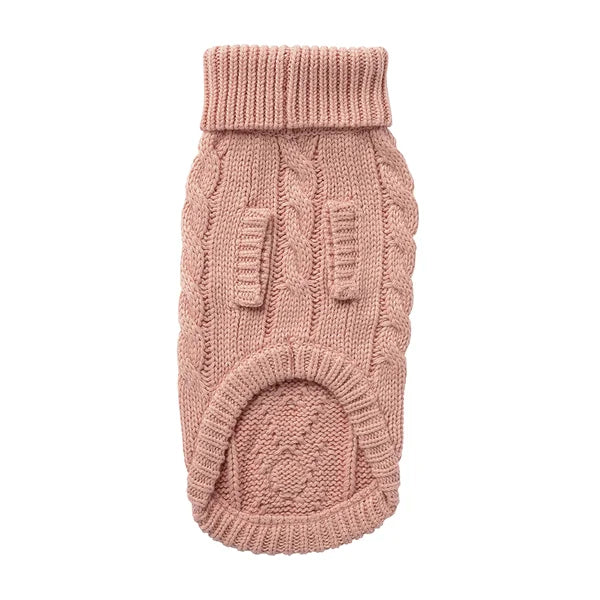Pink knitted dog sweater on a white background