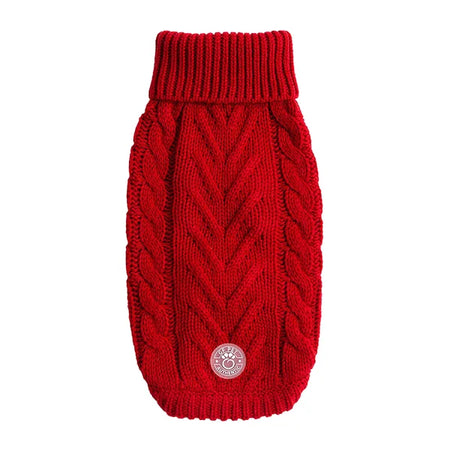 Red knitted dog sweater with a cable pattern on a white background
