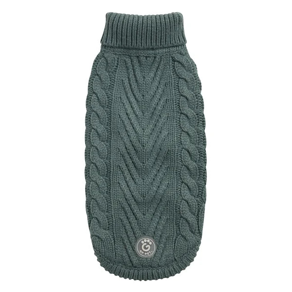 Green knitted dog sweater on a white background