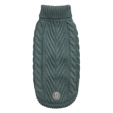 Green knitted dog sweater on a white background