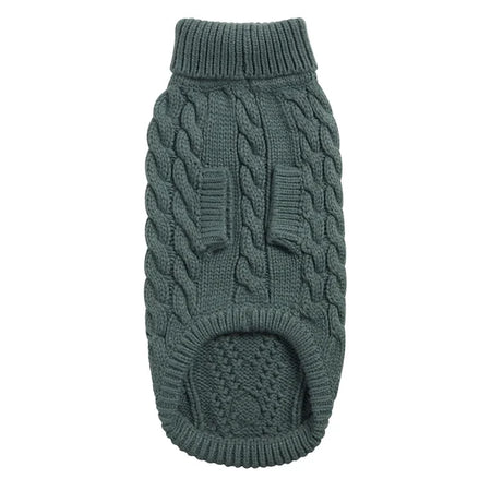 Green knitted dog sweater on a white background