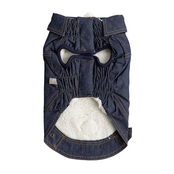 Denim dog coat with white fleece lining on a white background