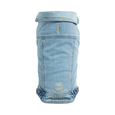 Light blue denim dog dress on a white background