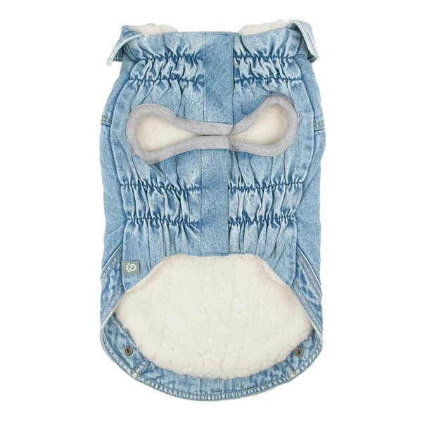 Denim-style dog coat with white interior on a white background